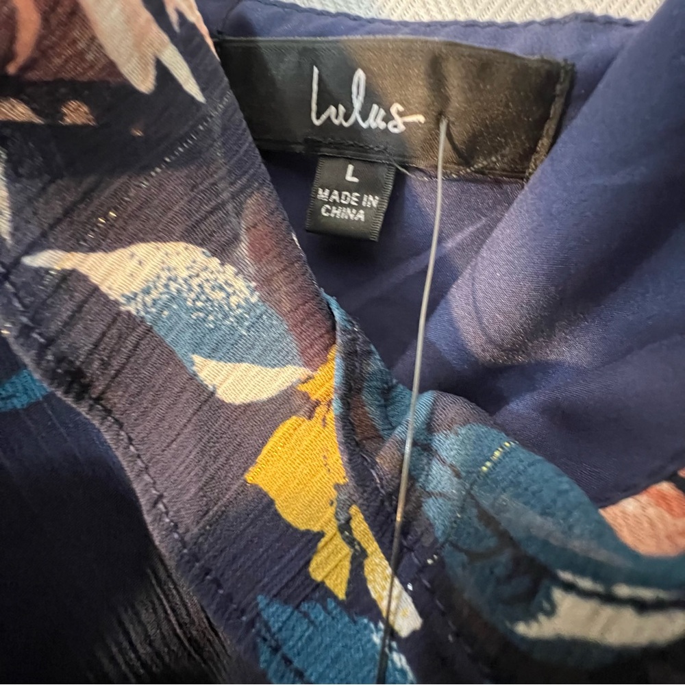 Lulus MIDI Floral Dress Blue Ruched Waist Flounce Skirt Slit Spaghetti Straps L - Picture 13 of 16